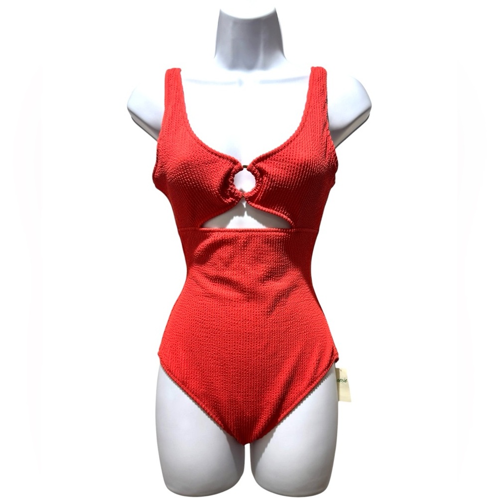 Aerie Textured One Piece Swimsuit Coral Orange Cutout Ring UPF 50 NWT M Long